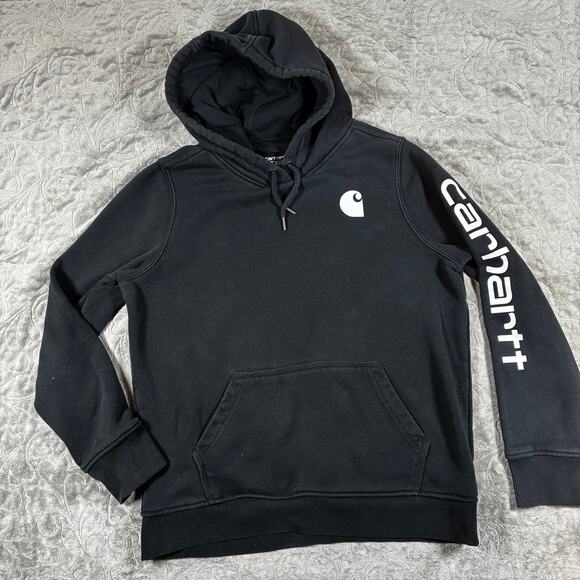 Carhartt Women's Hoodie Size Large Black Spell Out Logo Relaxed Fit Workwear - Picture 1 of 11